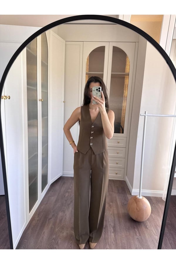 Kurdele Düğmeli Tasarım Yelek Pantolon Takım Premium Kalite