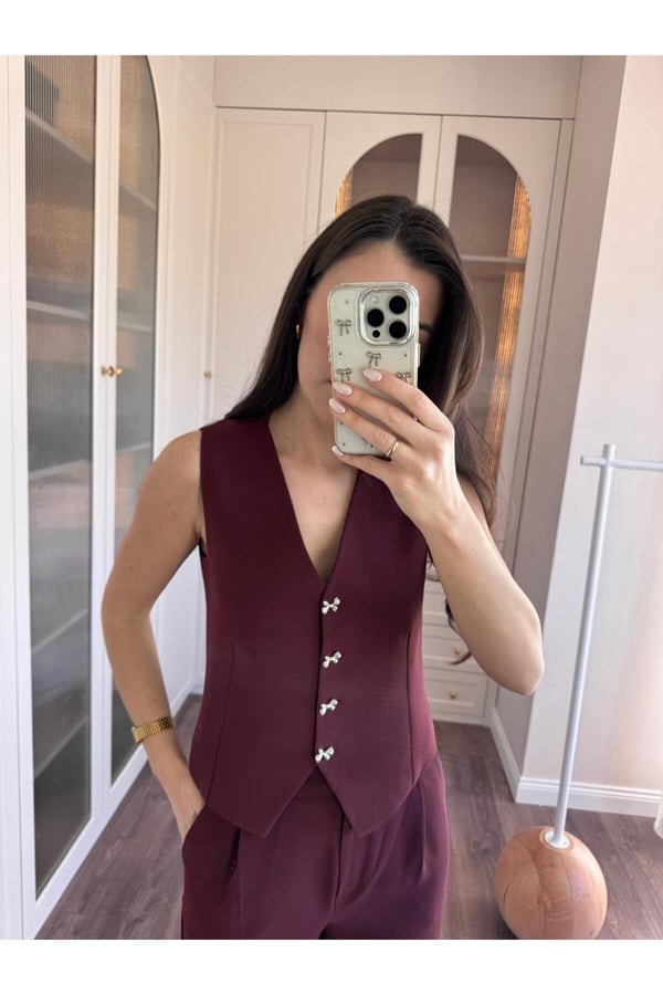 Kurdele Düğmeli Tasarım Yelek Pantolon Takım Premium Kalite