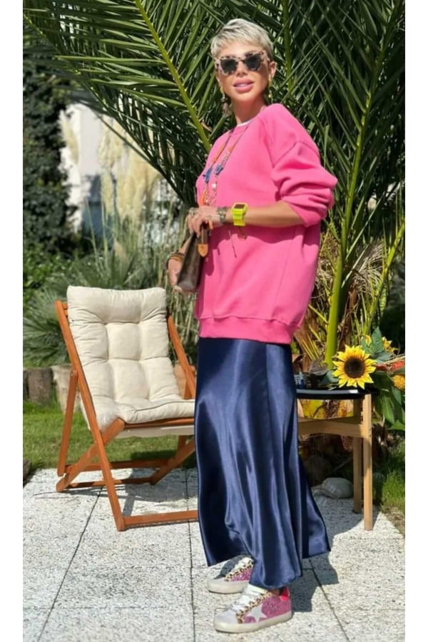 Lacivert Basic Uzun Saten Etek