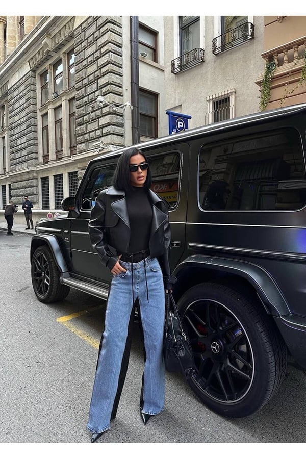Lazer Kesim Beli Bağcıklı Penye ve Kot Pantolon Palazzo Pantolon Penye Pantolon