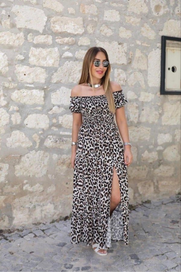 Leopar Madonna Yaka Yırtmaçlı Elbise