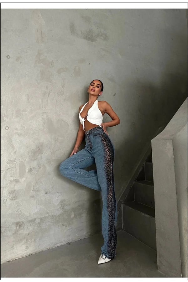 Leopar Metalik Şeritli Yüksek Bel Jean Pantolon Kot Pantolon