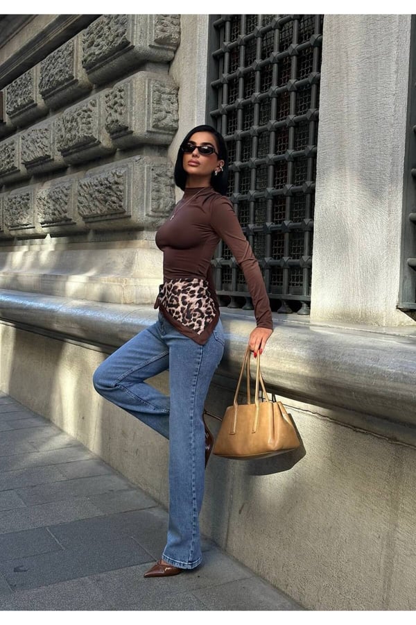 Leopar Şal Fular Detaylı Palazzo Kot Pantolon Fular Şal Dahil