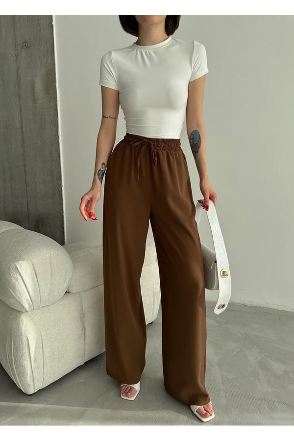 Linda Kumaş Siyah Keten Karışımlı Bol Kesim Pantolon Beli Lastikli Beli Bağcıklı