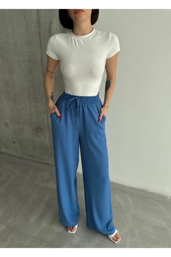 Linda Kumaş Siyah Keten Karışımlı Bol Kesim Pantolon Beli Lastikli Beli Bağcıklı