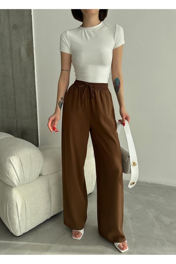 Linda Kumaş Siyah Keten Karışımlı Bol Kesim Pantolon Beli Lastikli Beli Bağcıklı