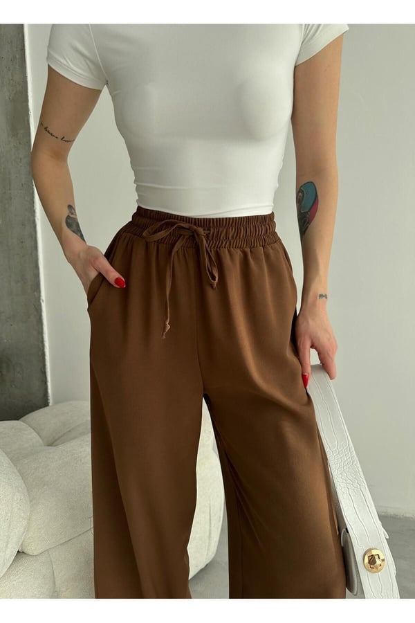 Linda Kumaş Siyah Keten Karışımlı Bol Kesim Pantolon Beli Lastikli Beli Bağcıklı