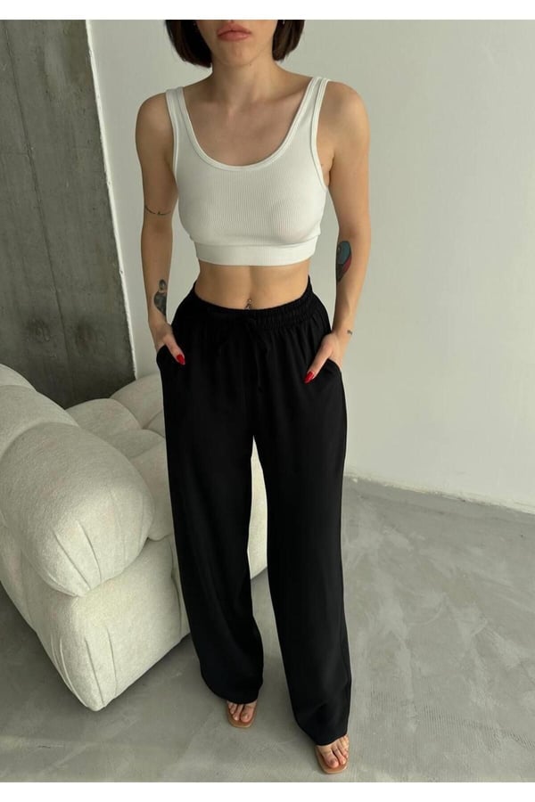 Linda Kumaş Siyah Keten Karışımlı Bol Kesim Pantolon Beli Lastikli Beli Bağcıklı