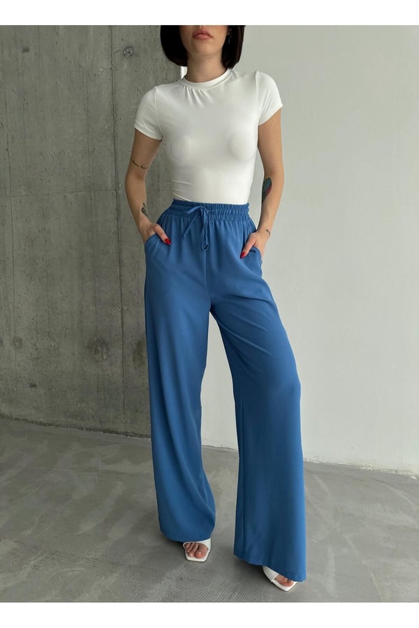 Linda Kumaş Siyah Keten Karışımlı Bol Kesim Pantolon Beli Lastikli Beli Bağcıklı