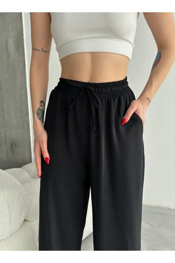 Linda Kumaş Siyah Keten Karışımlı Bol Kesim Pantolon Beli Lastikli Beli Bağcıklı
