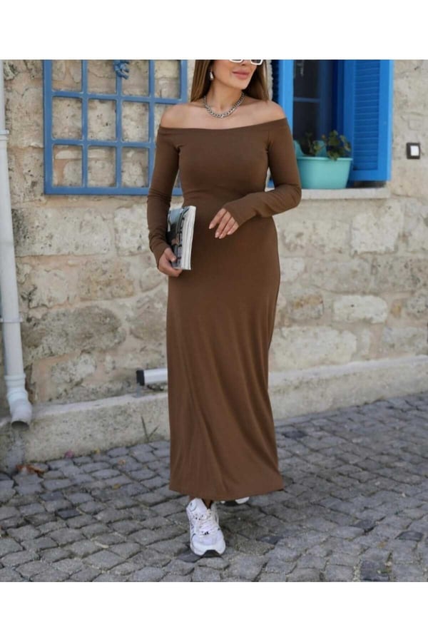 Madonna Yaka Çilek Triko Kadın Uzun Elbise