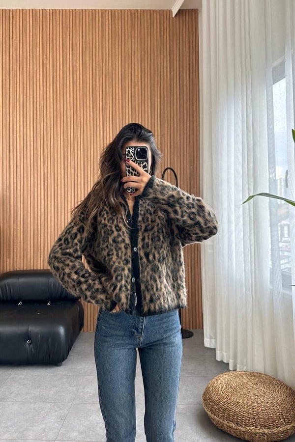 Massi Sakallı Kahve Leopar Hırka