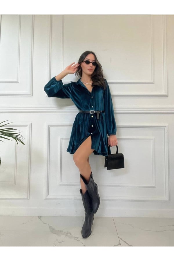 Mavi Kadife Elbise Yılbaşı Elbisesi
