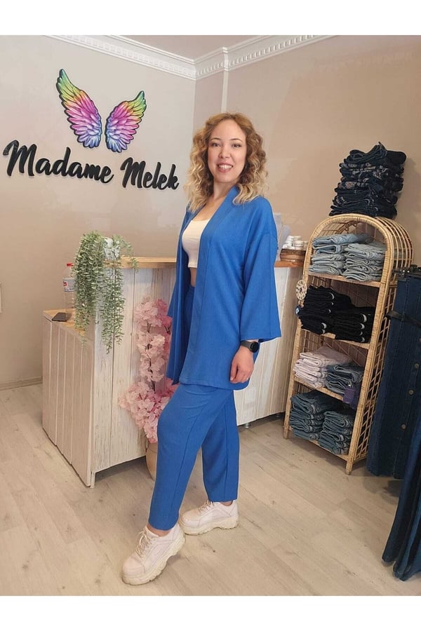 Mavi Kadın Kimono Bürümcük Kumaş Alt-üst Takım