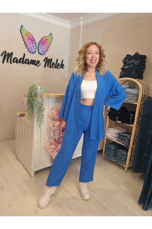Mavi Kadın Kimono Bürümcük Kumaş Alt-üst Takım