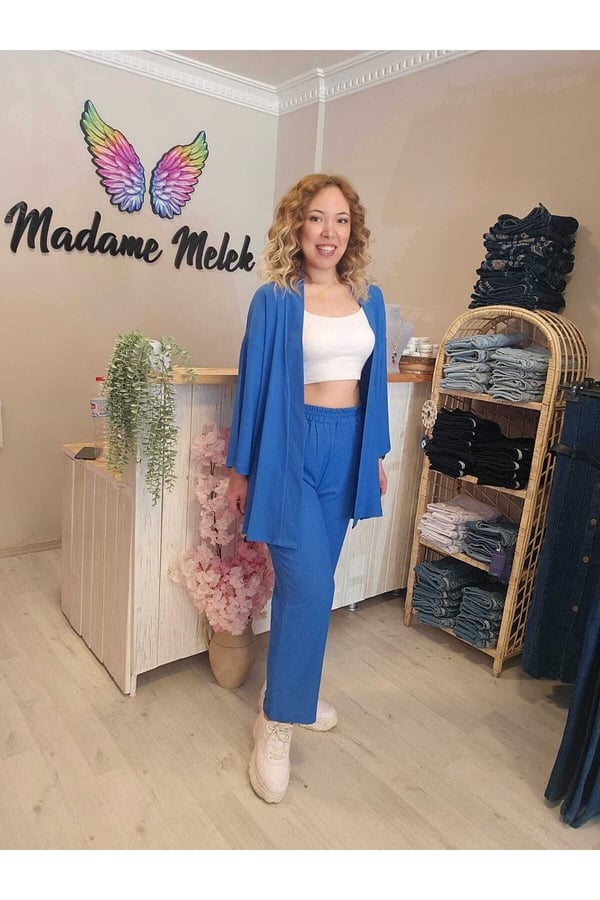 Mavi Kadın Kimono Bürümcük Kumaş Alt-üst Takım