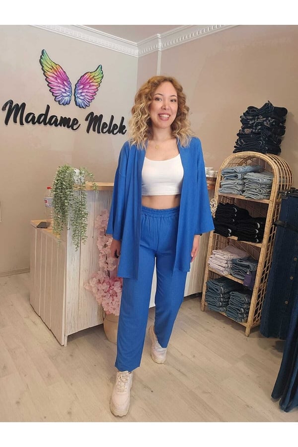 Mavi Kadın Kimono Bürümcük Kumaş Alt-üst Takım