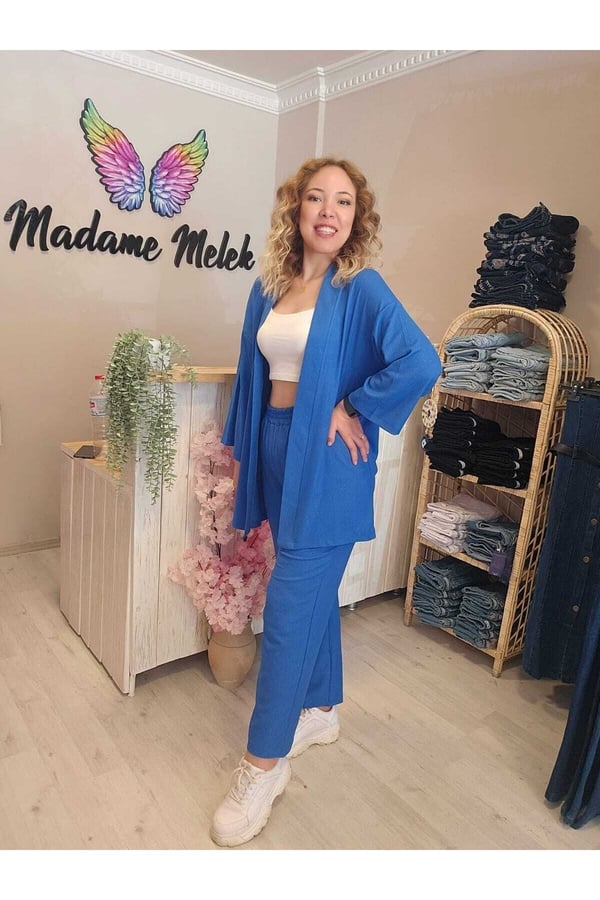Mavi Kadın Kimono Bürümcük Kumaş Alt-üst Takım