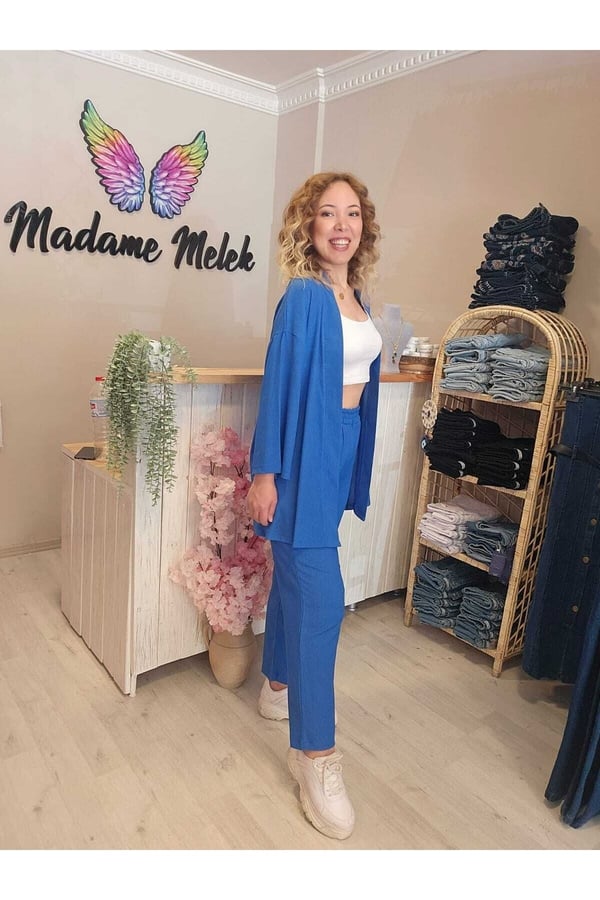 Mavi Kadın Kimono Bürümcük Kumaş Alt-üst Takım