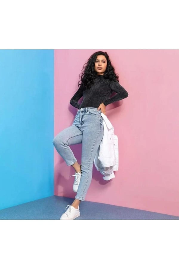 Mom Jean Full Likralı Yüksek Bel Kot Pantolon Jean Buz Mavisi
