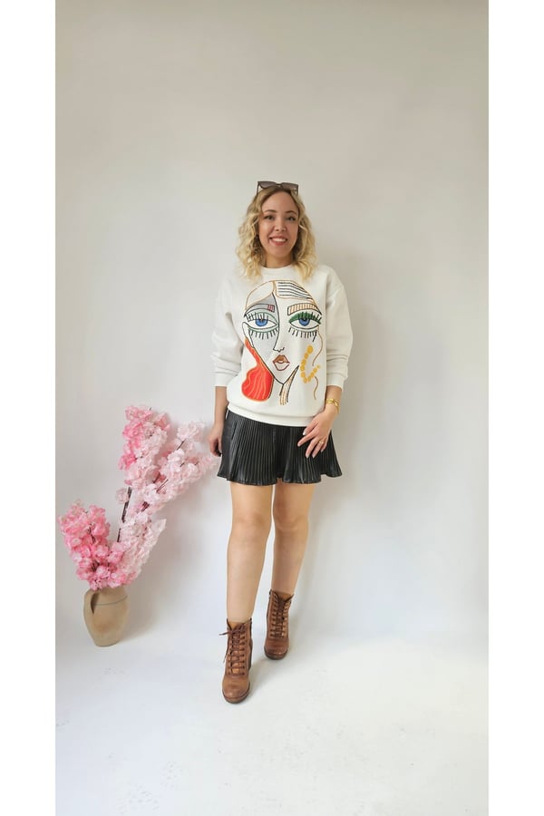 Motifli Ekru Kadın Sweatshirt