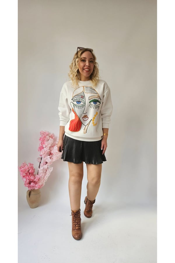 Motifli Ekru Kadın Sweatshirt