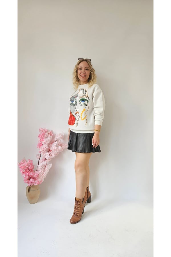 Motifli Ekru Kadın Sweatshirt