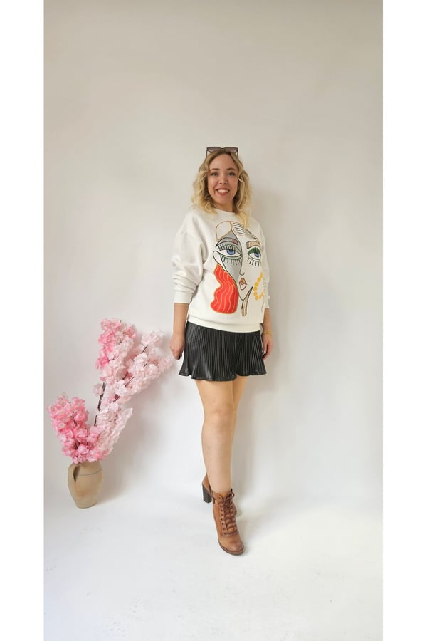 Motifli Ekru Kadın Sweatshirt