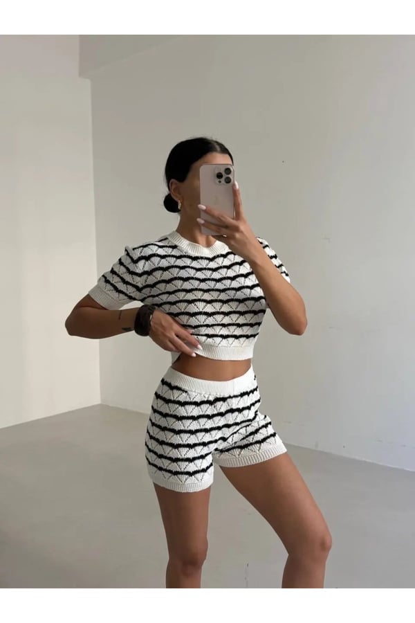 Orijinal ZR Model Çizgili Örgü Esnek Seksi Dar Kesim Crop Bluz Yüksek Bel Şort