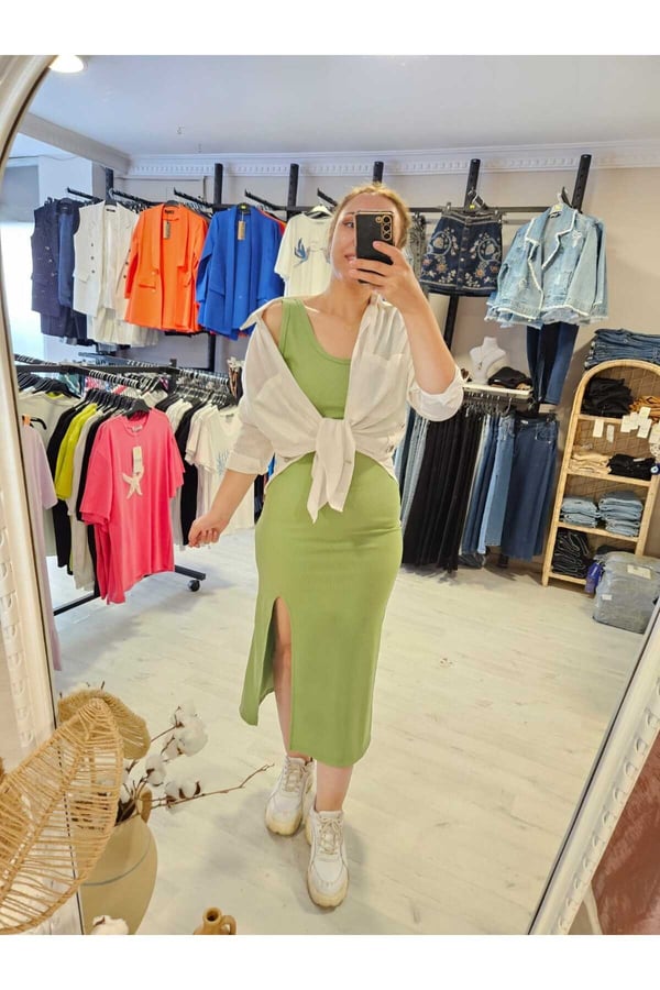 Ottoman Kumaş Kalın Askılı Model Yırtmaçlı Likralı Elbise