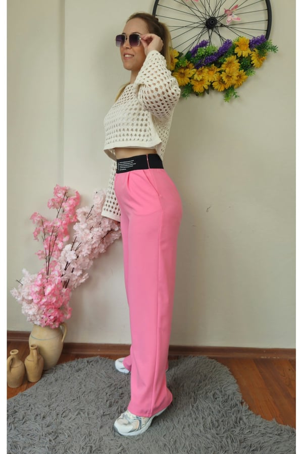 Pembe Beli Lastikli Ve Fermuarlı İthal Kumaş Palazzo Pantolon