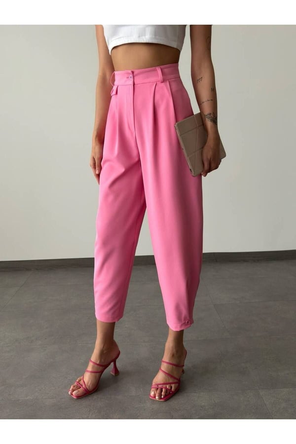 Pile Detaylı Pembe Şalvar Pantolon