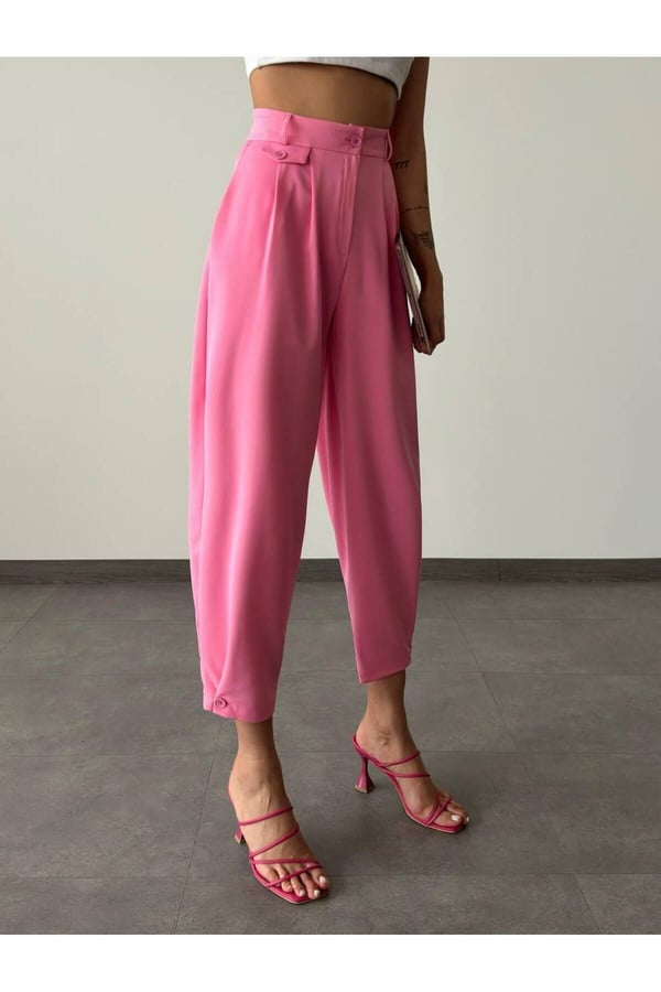 Pile Detaylı Pembe Şalvar Pantolon