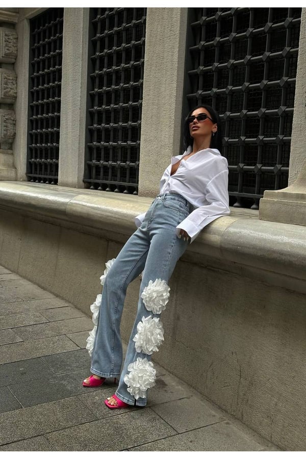 Pinterest Tasarım Gül Detaylı Palazzo Kot Pantolon İthal Kumaş Esnek Kumaş