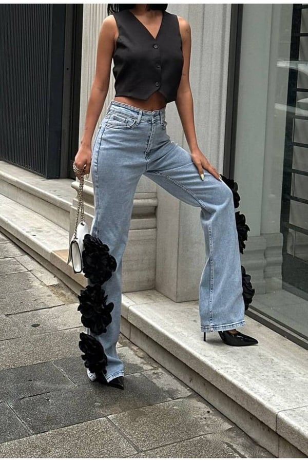 Pinterest Tasarım Gül Detaylı Palazzo Kot Pantolon İthal Kumaş Esnek Kumaş