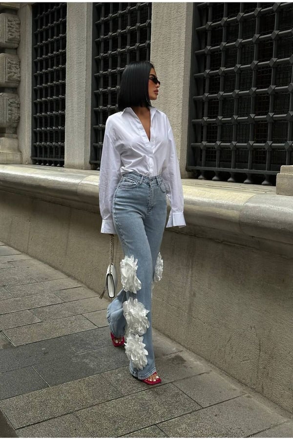 Pinterest Tasarım Gül Detaylı Palazzo Kot Pantolon İthal Kumaş
