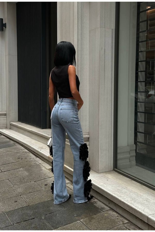 Pinterest Tasarım Gül Detaylı Palazzo Kot Pantolon İthal Kumaş Esnek Kumaş