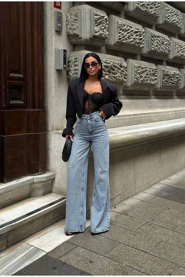 Pinterest Tasarım Taş Detay Tasarım Wide Leg Kot Pantolon Geniş Paça