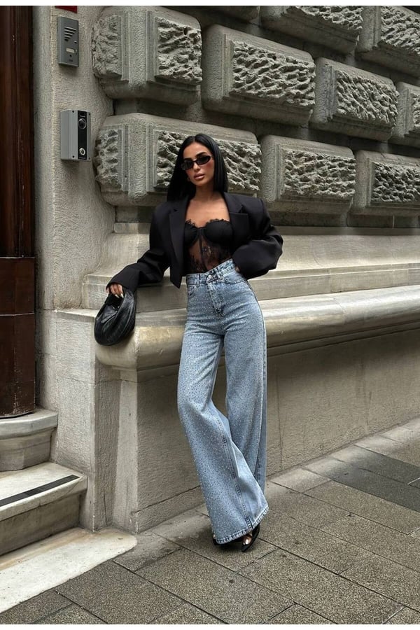 Pinterest Tasarım Taş Detay Tasarım Wide Leg Kot Pantolon Geniş Paça
