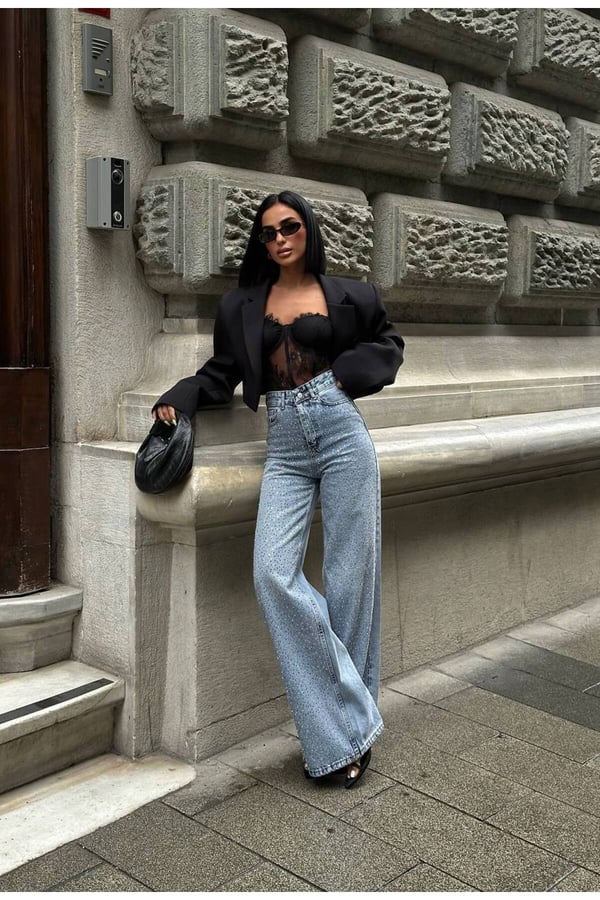 Pinterest Tasarım Taş Detay Tasarım Wide Leg Kot Pantolon Geniş Paça
