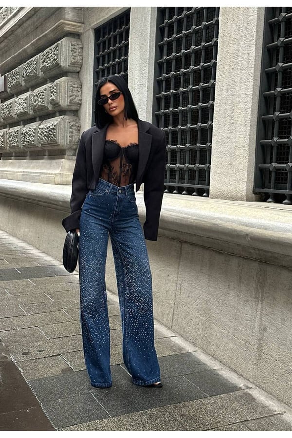 Pinterest Tasarım Wide Leg Geniş Paça Taşlı Kot Pantolon Baggy