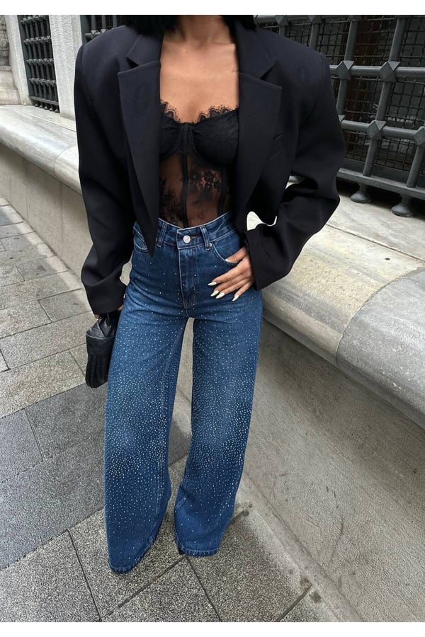 Pinterest Tasarım Wide Leg Geniş Paça Taşlı Kot Pantolon Baggy