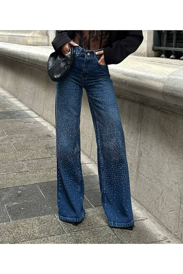 Pinterest Tasarım Wide Leg Geniş Paça Taşlı Kot Pantolon Baggy