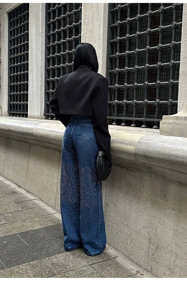 Pinterest Tasarım Wide Leg Geniş Paça Taşlı Kot Pantolon Baggy