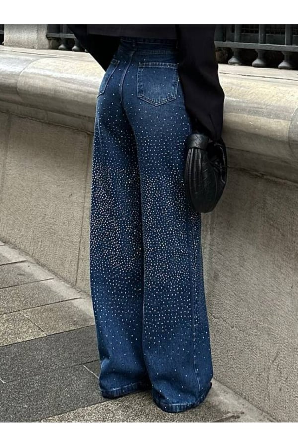 Pinterest Tasarım Wide Leg Geniş Paça Taşlı Kot Pantolon Baggy