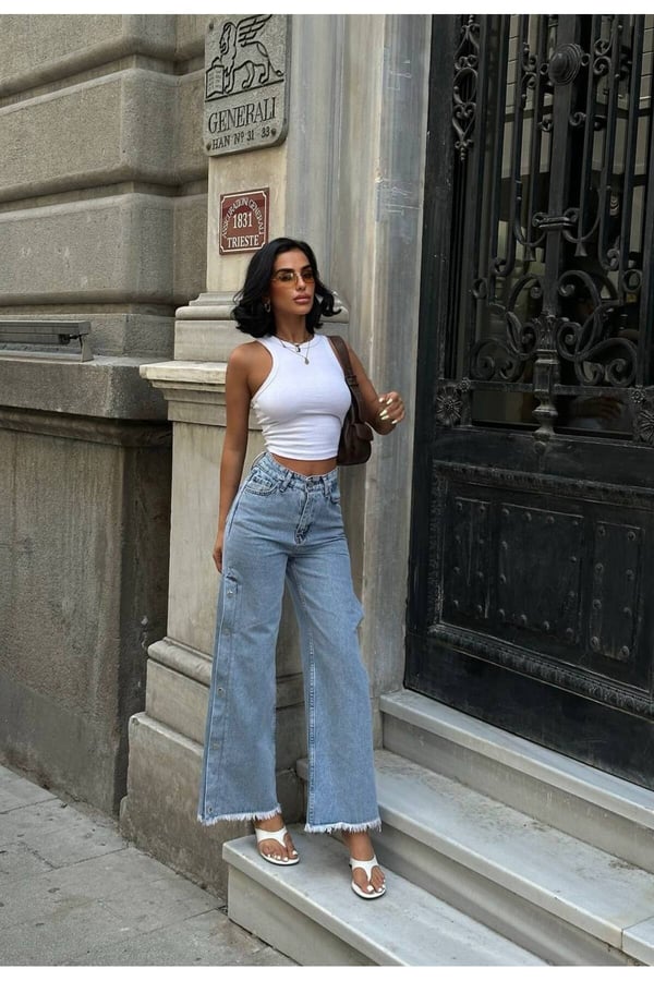 Pinterest Tasarım Yanı Çıt Çıt Detaylı Bol Paça Kot Pantolon