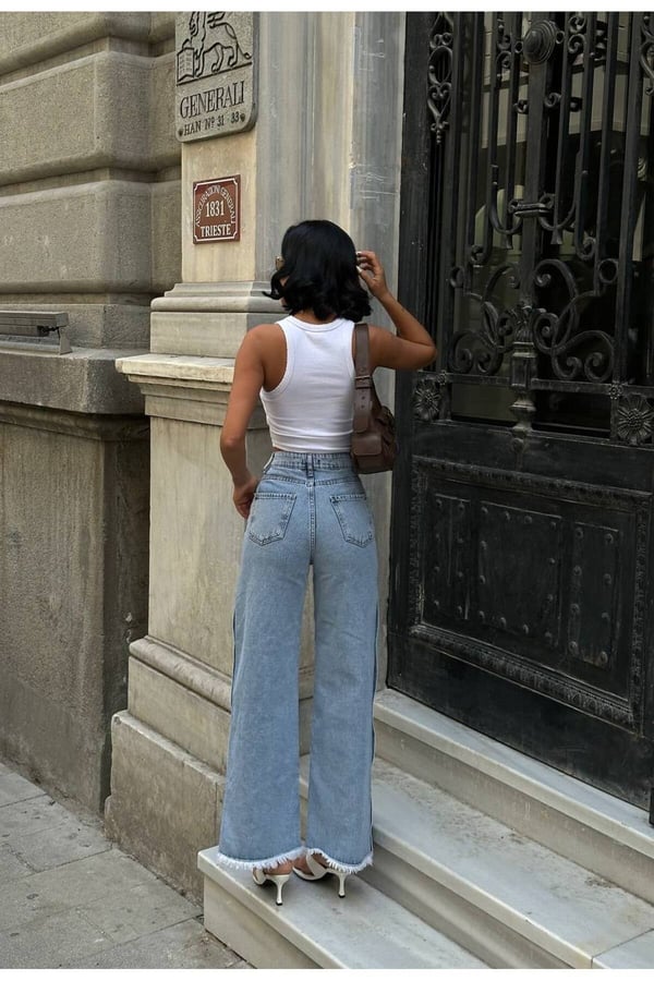 Pinterest Tasarım Yanı Çıt Çıt Detaylı Bol Paça Kot Pantolon