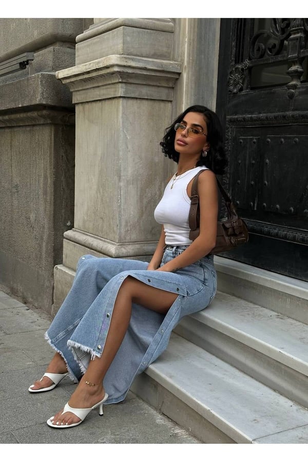 Pinterest Tasarım Yanı Çıt Çıt Detaylı Bol Paça Kot Pantolon