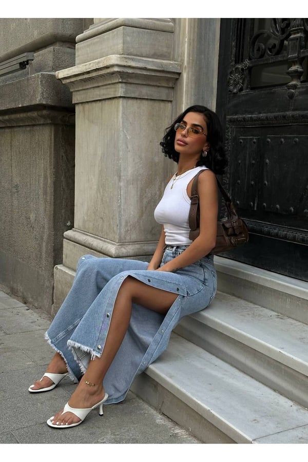 Pinterest Tasarım Yanı Çıt Çıt Detaylı Bol Paça Kot Pantolon