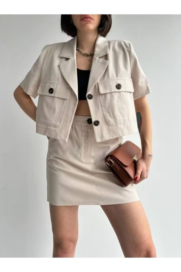 Premium %100 Pamuk Gabardin Yüksek Bel Mini Etekli Ceket Yazlık Şık Modern Kadın İkili Takım